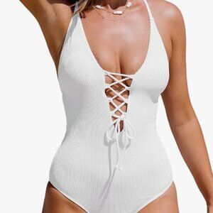 Cupshe. White 1-piece solid v-neck lace up strappy front and crisscross back XL
